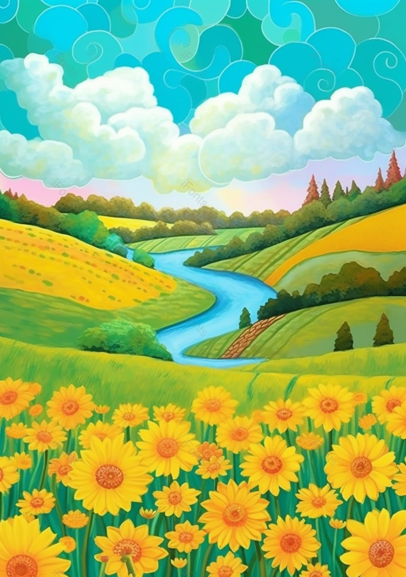春天大自然小河流水春分花丛黄花草地漫山遍野田园风景,插画/手绘图,插画/手绘图库,插画/手绘图下载,插画/手绘